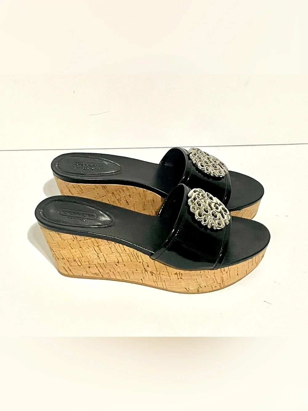 Coach Patent Leather Judith Wedge Cork Heel Sandal 6.5 B Black platform